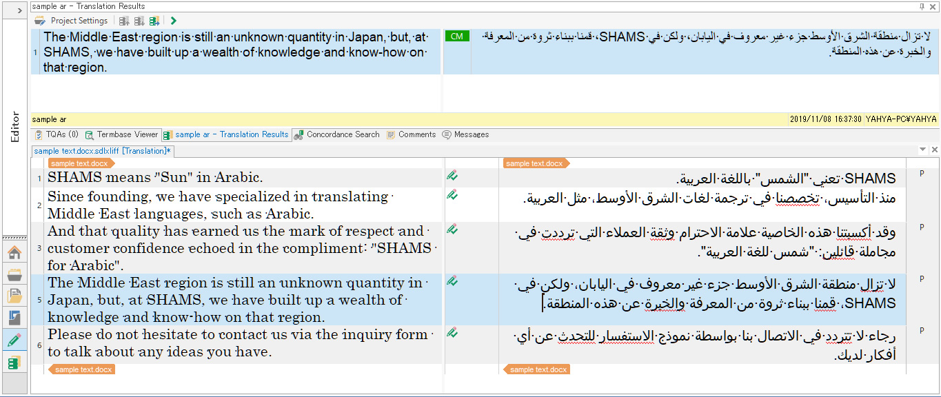 عينة من تشغيل TRADOS 